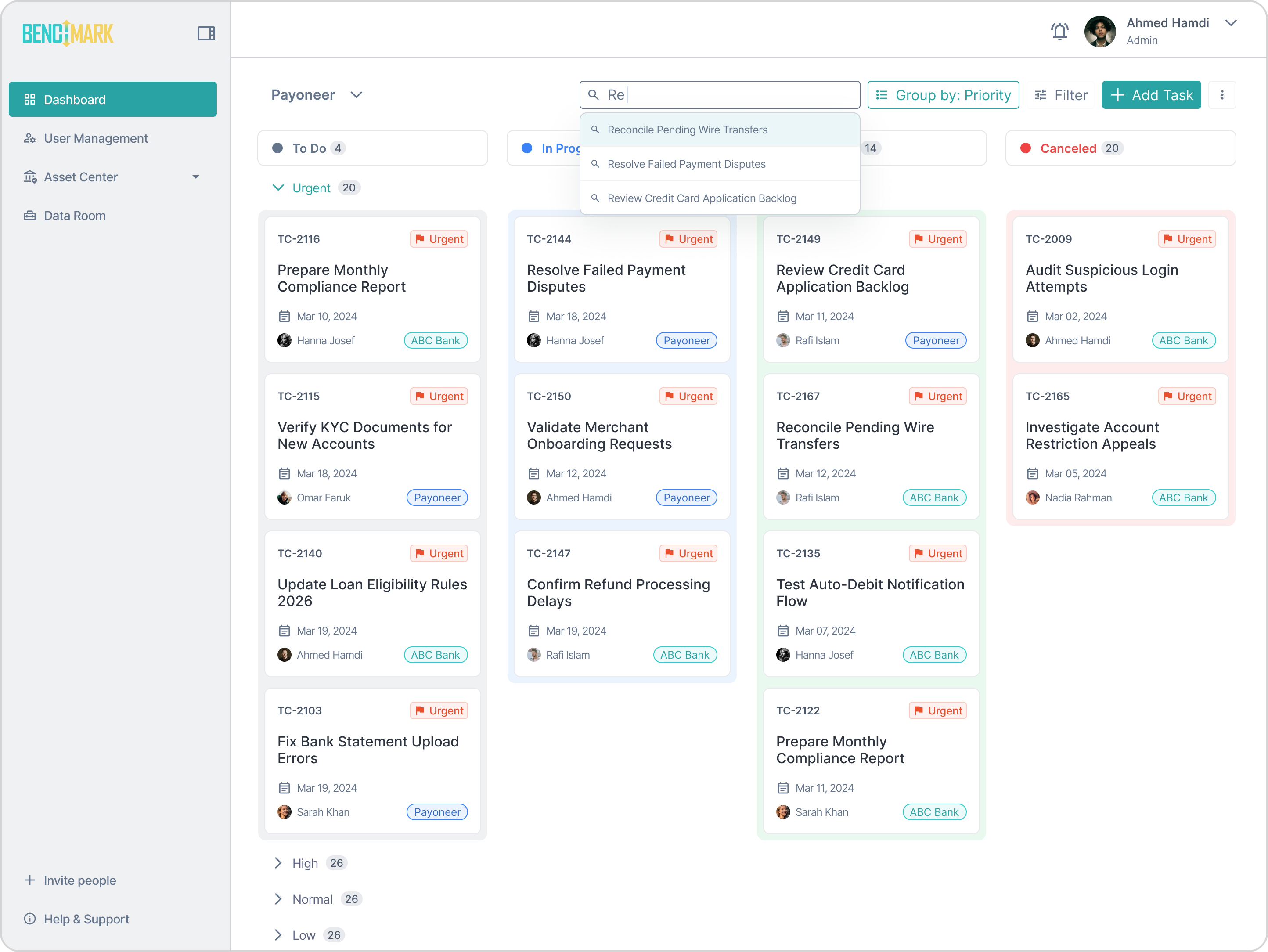 Dashboard board search view — six-item sidebar, global search prominent, clean table canvas.