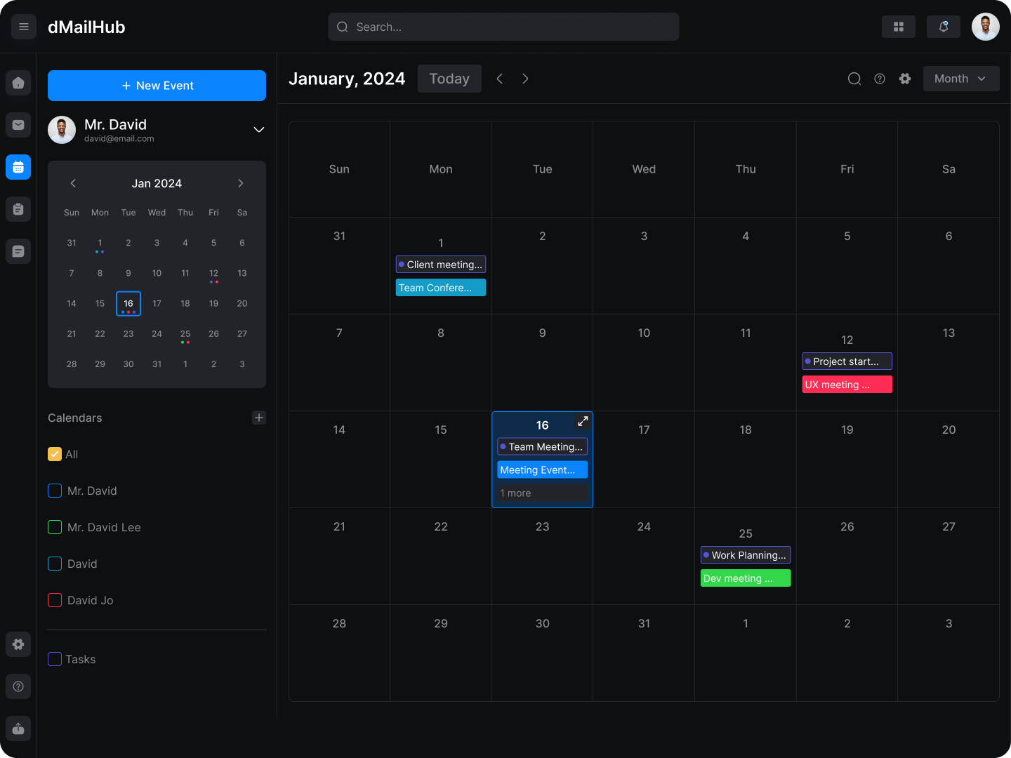 Calendars from every connected account overlay on one month view, color-coded per account. Hiding one is a checkbox, not a buried setting. Users with two work accounts and a personal one stopped forgetting which calendar an event sat on.