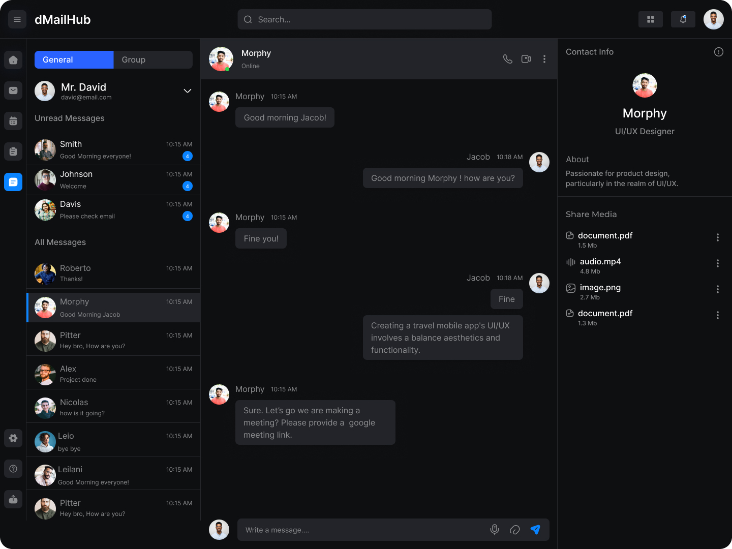 Built-in 1:1 and group chat, with a contact panel that surfaces shared media and files inline. Chat lives next to the inbox, not in a separate app. A quick 'are you free?' doesn't need a context switch into Slack.