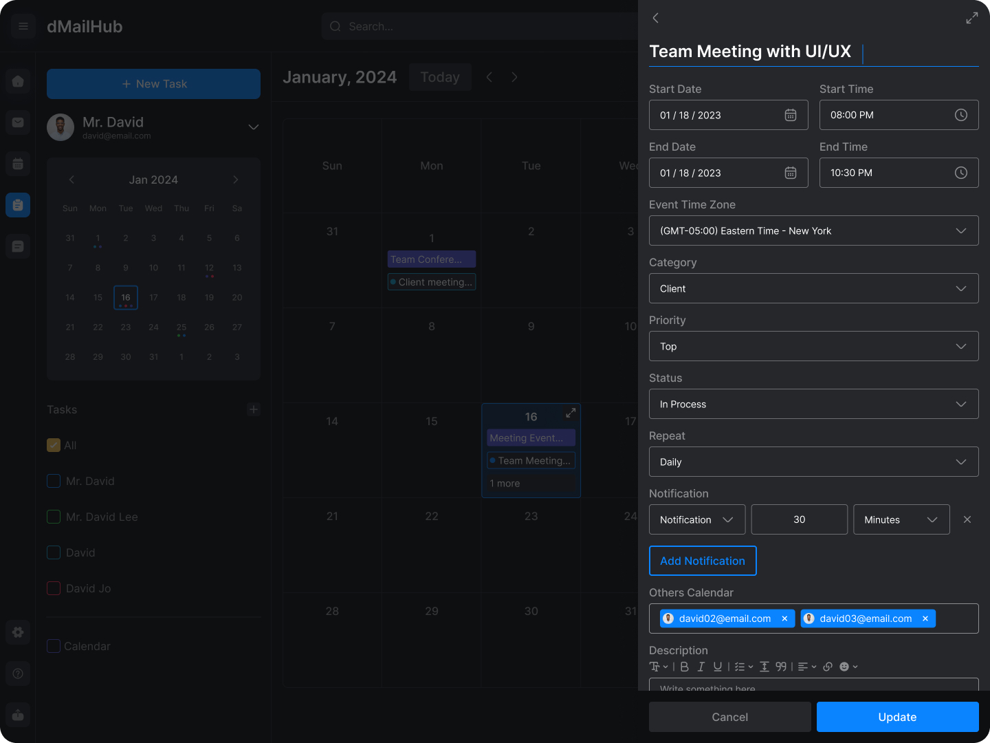 Event creation borrows the depth of a CRM and the speed of a Google Cal quick-add. Time zone, priority, status, repeat, notification — all in one panel. Attendees from any connected account or external email, with a multi-tag UI that mirrors how people actually invite people.