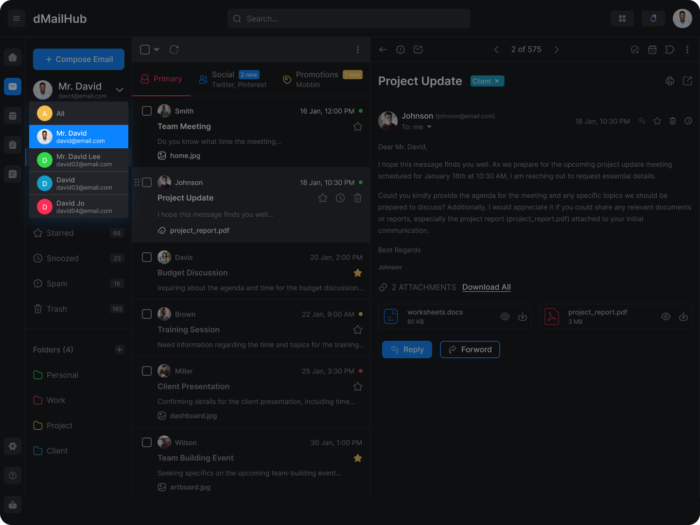 Account switcher — each inbox keeps its count and labels; switching is instant.