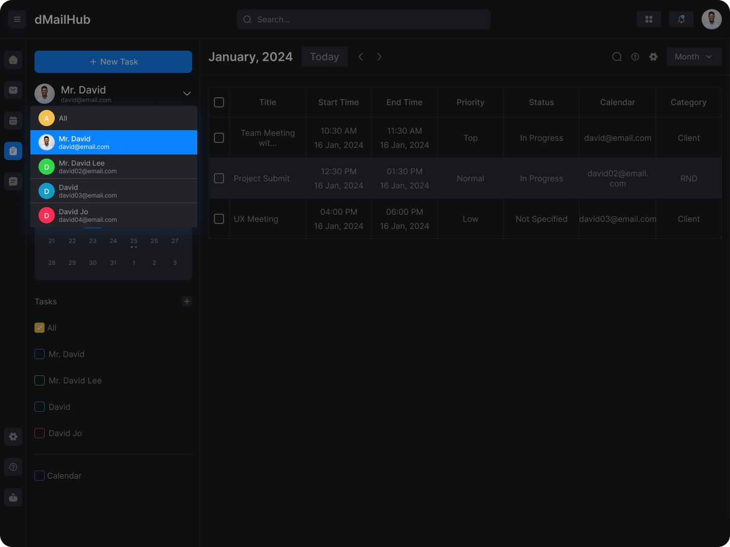 Calendar module — three accounts overlaid in one month view, color-coded per account.