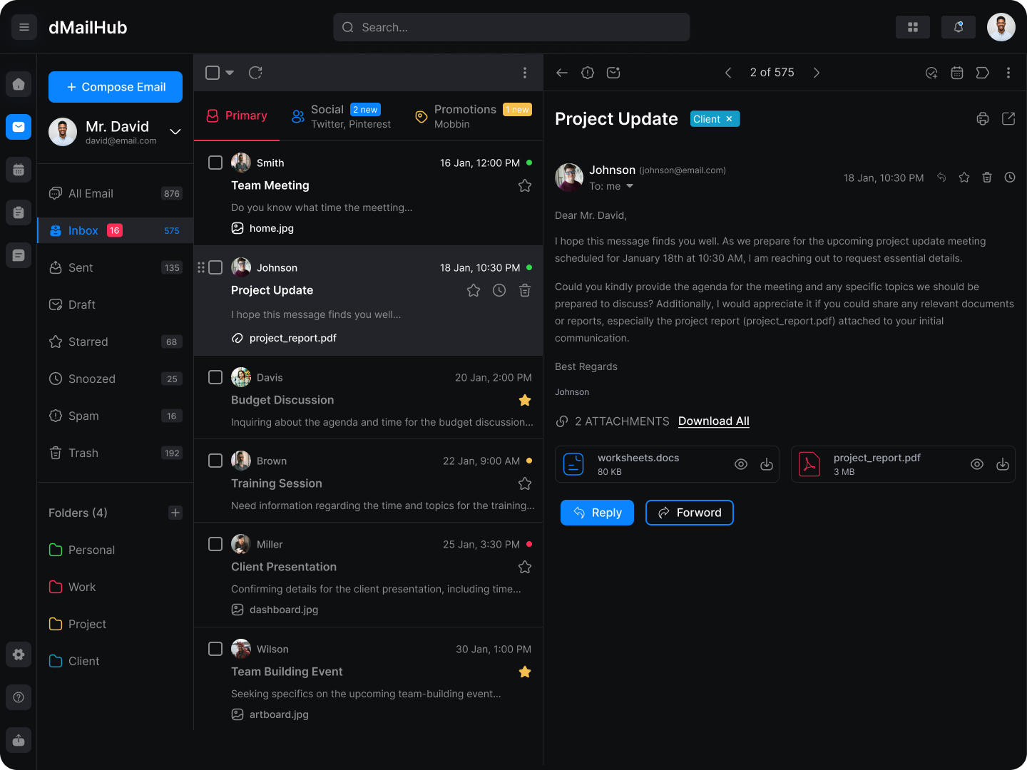 Account switcher is the first thing in the mail rail, not the seventh item in settings. Each account keeps its inbox count, its tabs, its labels. The user sees the active account by avatar, not by squinting at a header. Adding a fourth account takes three clicks.