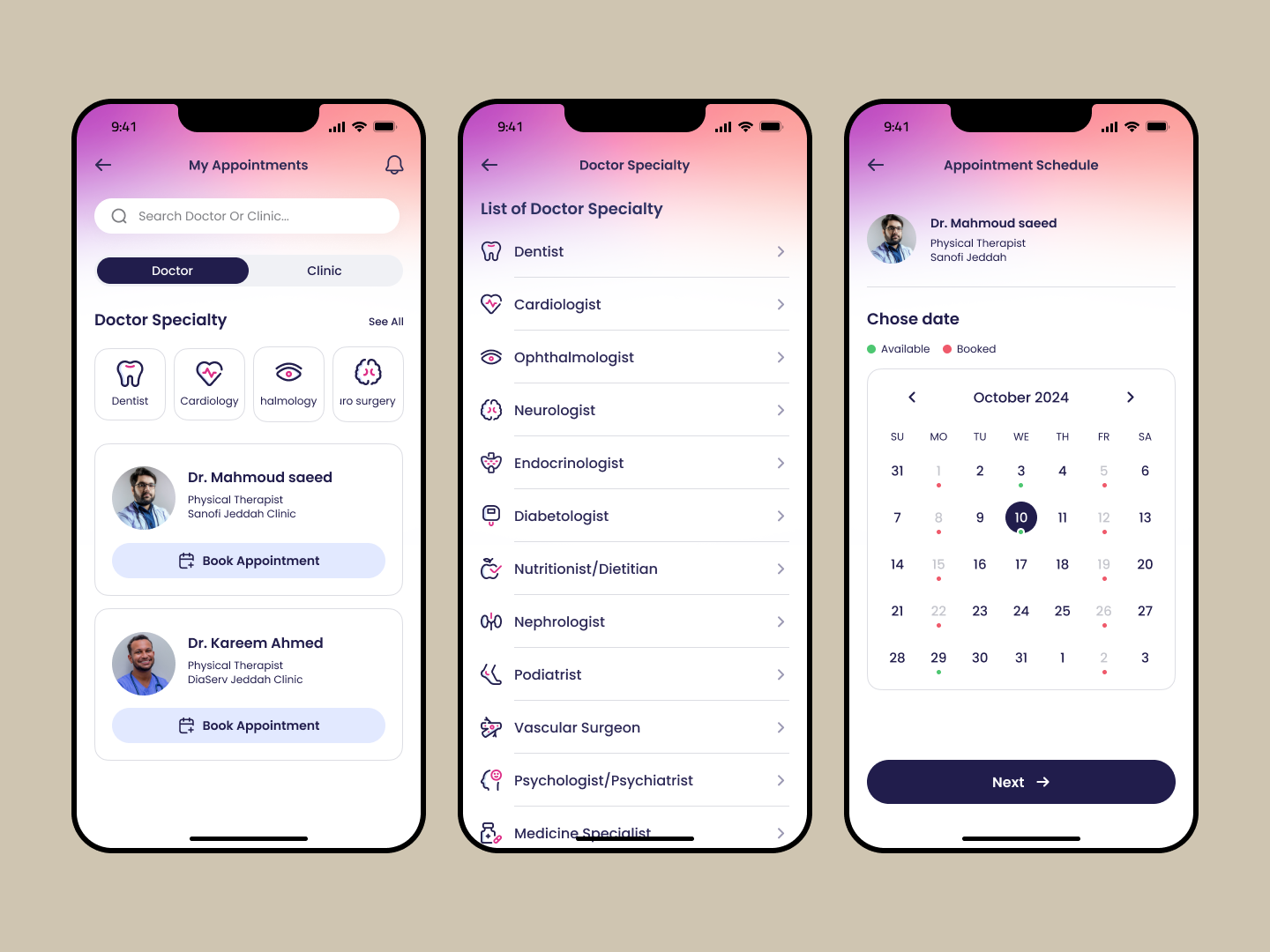 In-app appointments — search by specialty, pick a date, done. Same flow whether it's a telehealth check-in or a yearly endocrinologist visit.