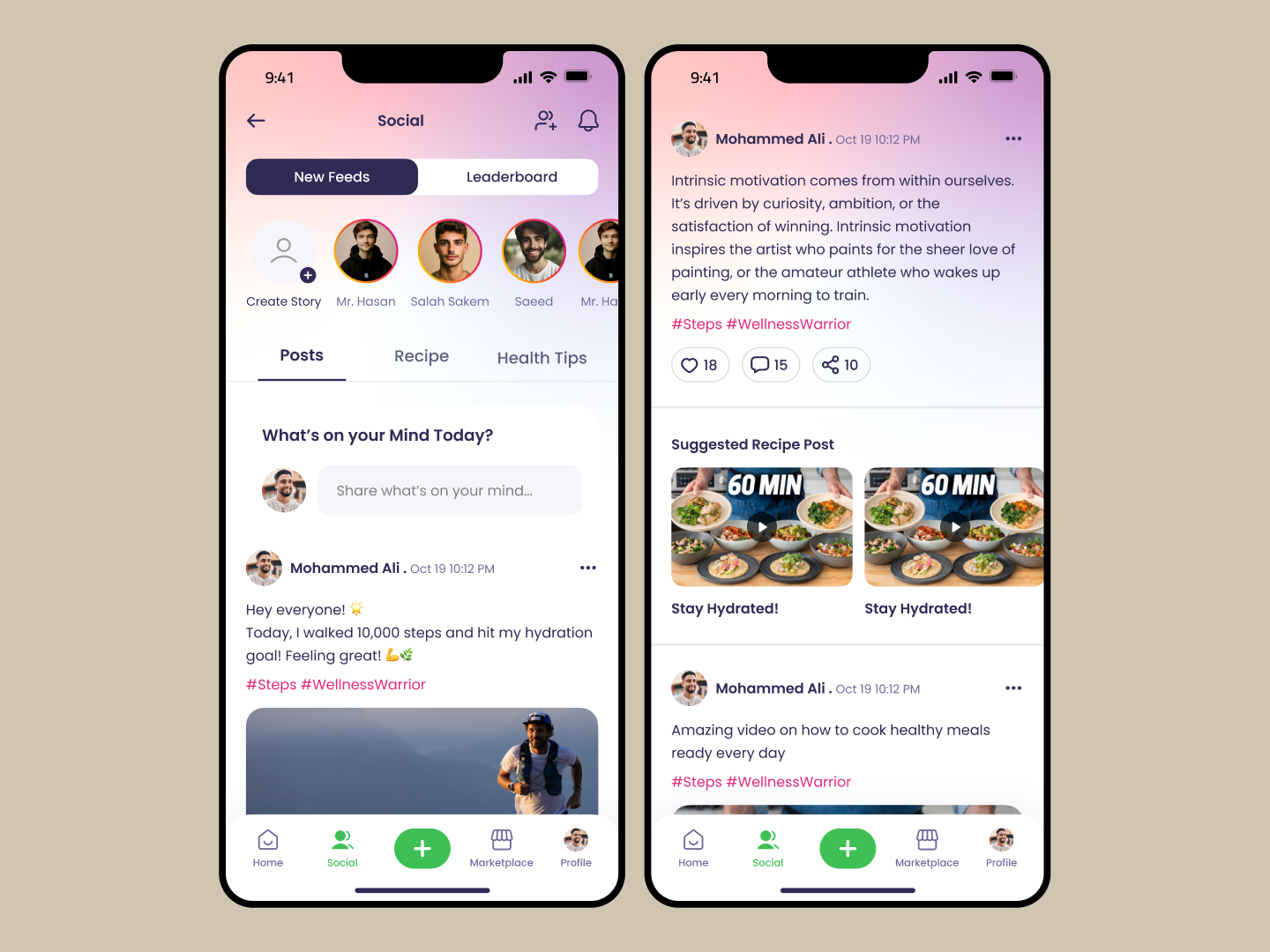 Social opens with a composer, not a feed. The first thing patients see is a prompt — what's on your mind today? Posts, recipes, and tips share one surface. Leaderboard up top to reward streaks.