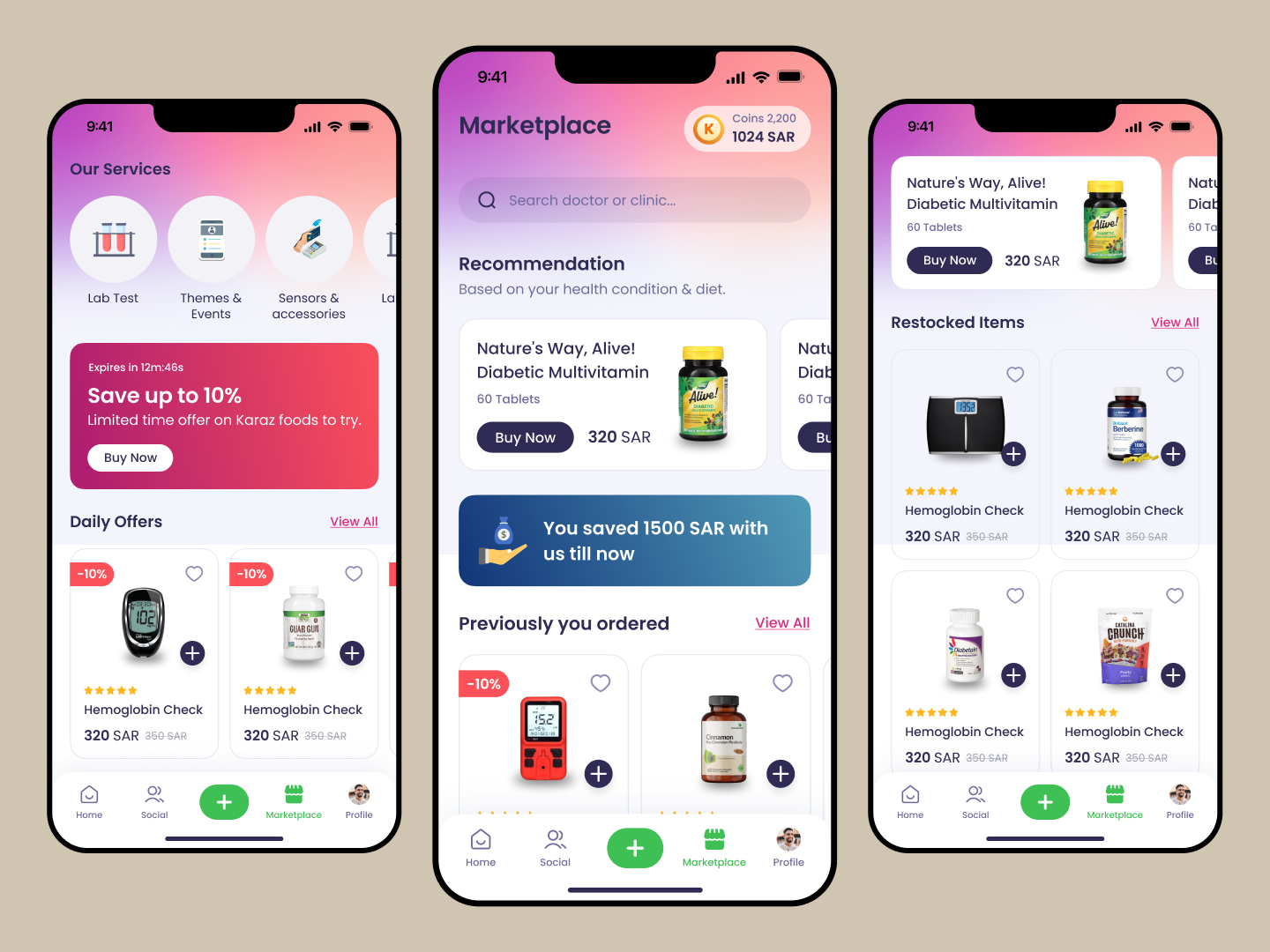 The marketplace shows products vetted for diabetes, first. 'Recommended' isn't an algorithm — it's a clinical filter. Daily Offers and order history sit beside it, so refilling a CGM uses the same flow as logging a meal.