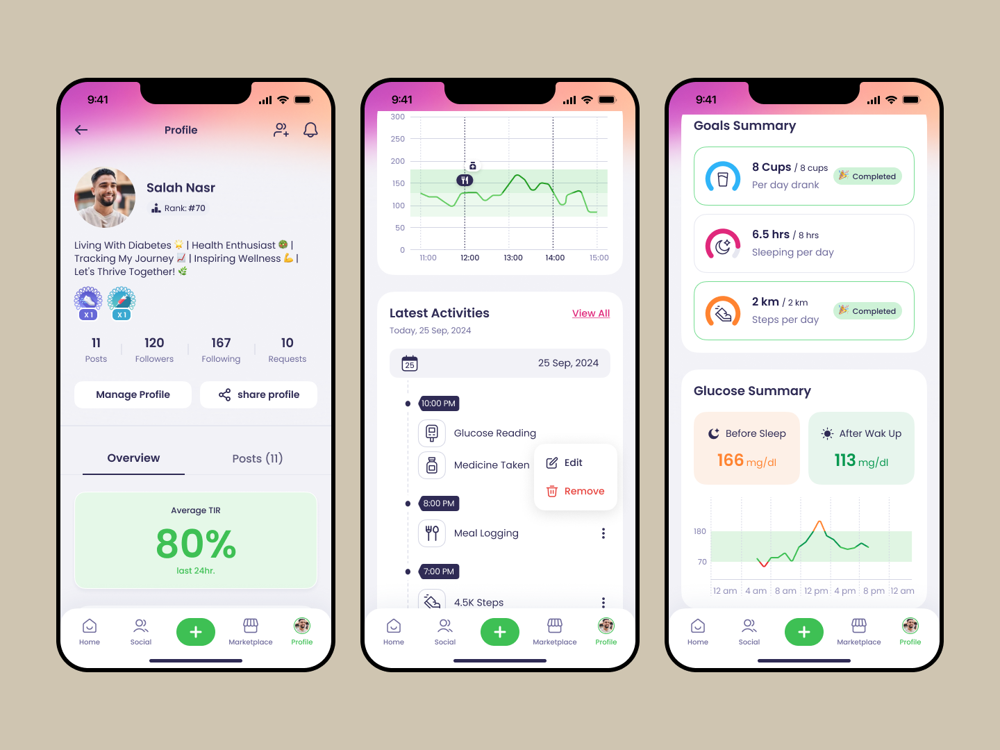 On the profile, Time-in-Range sits at the top. Not followers. Not posts. Below it — today's logged activities, goals a clinician will ask about, and a Glucose Summary comparing before-sleep to after-sleep readings.