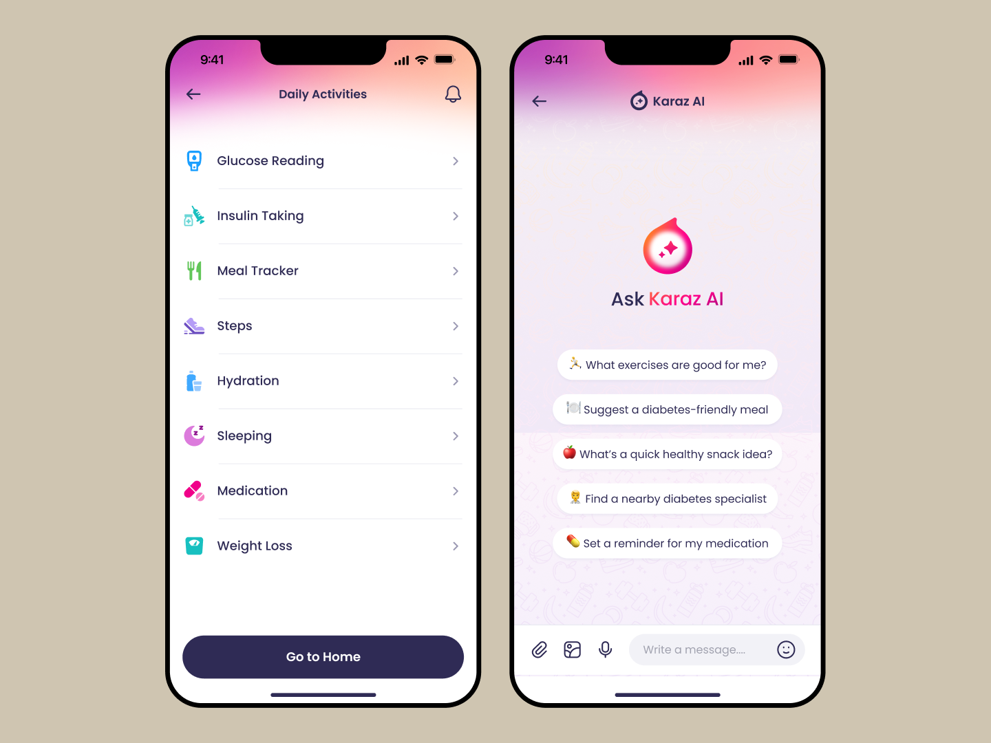 Daily Activities is one tap from home — glucose, insulin, meal, hydration, sleep, weight. Ask Karaz AI lives behind the same shortcut for the questions tracking can't answer. The AI doesn't diagnose. It routes.