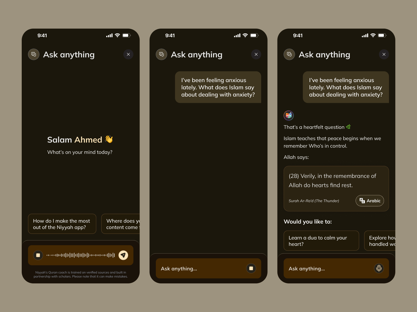 The Coach is a chat surface. A real question gets a scholar's answer, with the verse it traces from sitting right beside it. Tone was the design problem, not layout. Too formal and it reads like a textbook. Too casual and it loses trust. I landed on plain language with sources next to the answer.