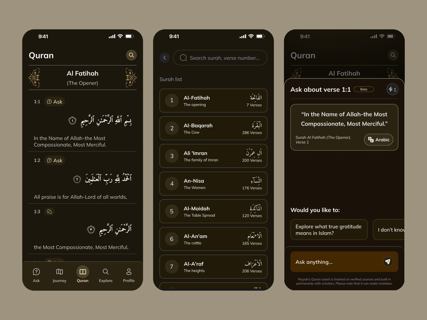 The Quran screen serves two readers. Arabic-first, with translation in peripheral vision. Translation-first, with Arabic for reference. One layout. No toggle. Fifteen versions before both felt native on a commute.