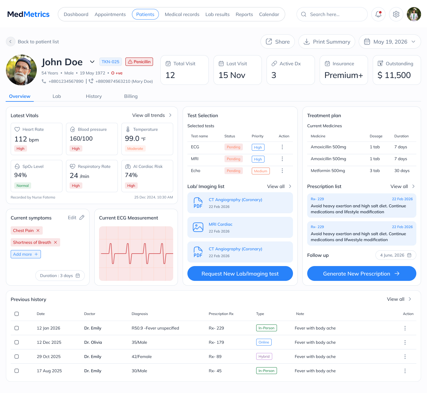 MedMetrics patient record overview