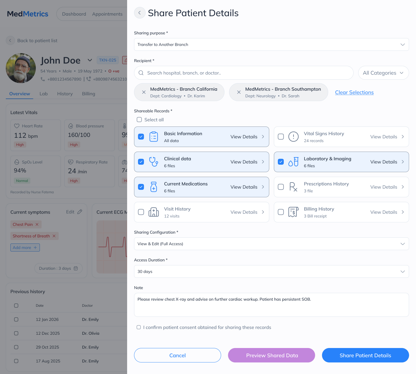 MedMetrics patient record sharing